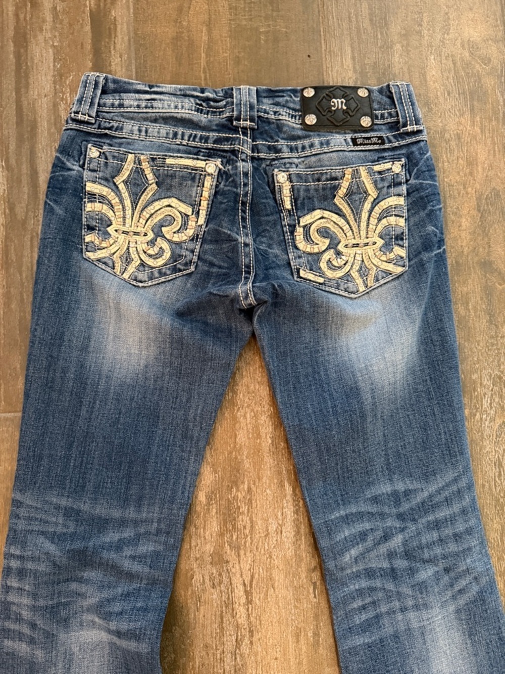 Miss Me Blue Bootcut Jeans with Cream Embroidered Back Pockets